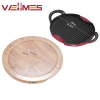 Poêle à griller ronde en fonte émaillée, double poignée, antiadhésive, avec plateau en bois pour cuisson domestique, gaz et induction