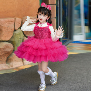 Vestido de Princesa <span class=keywords><strong>para</strong></span> Niñas, Otoño 2025, Nuevo Modelo Festivo y Elegante, Tela de Malla con Lentejuelas y Cuentas Resistentes, Color Sólido, Poliéster - Product Image 1