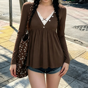 Retro Color Block Lace Trim V Neck Long Sleeve Knit Top Women's <b>Y2K</b> Casual T <b>Shirt</b> A Line Fashion Spring Autumn Wear - Product Image 5