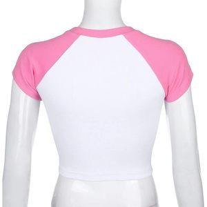Babyhealthy-Camiseta corta raglán para mujer, Top de punto transpirable de manga corta con cuello redondo acanalado estilo Y2K para chicas adolescentes, ropa de verano - Product Image 4