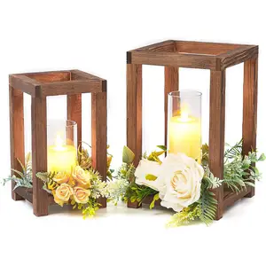 Rustic Wooden Candle Lanterns - Farmhouse Wedding Table Centerpieces And Decor