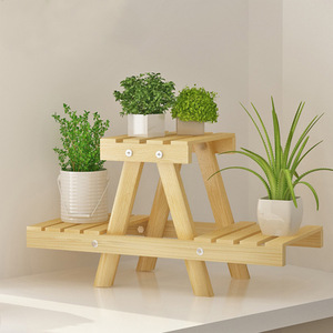 Support à fleurs en bois à deux niveaux, étagère autoportante pour salon, balcon, présentoir de plantes, bois naturel brun - Product Image 3