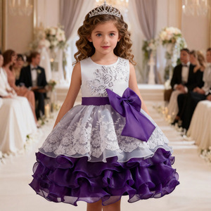 Girls Flower Girl Dress O-Neck A-Line Pink Lace <b>Bow</b> Tutu Party Wedding Dress - Product Image 3