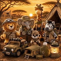 Pack d'aventure Safari en peluche de créateur, Lion, Éléphant, Girafe, Animal en peluche avec tenue d'explorateur