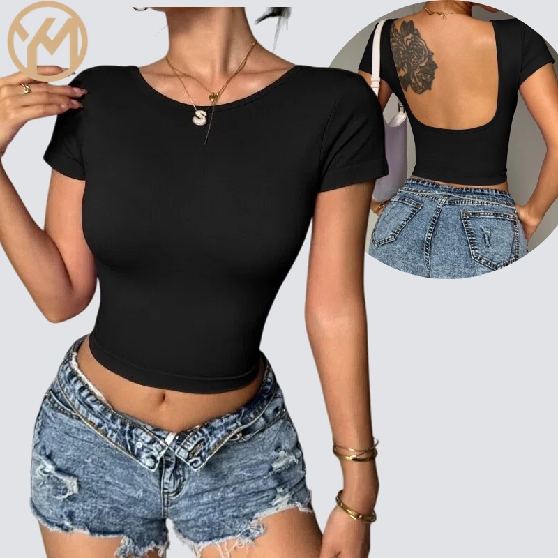 Women Round Neck Short Sleeve Beauty Back T-shirt Yoga Top Lady Open Back Solid Color Gym Vest Female High Elastic Slim Top