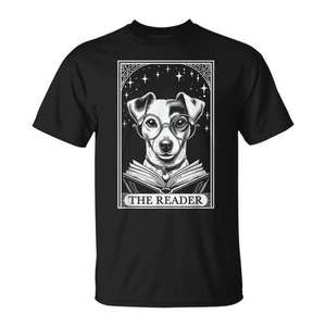 T-shirt vintage Jack Russell Terrier avec carte de tarot, vêtement promotionnel pour les lecteurs et les amoureux des livres - Product Image 1