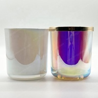 Vente en gros de cylindres en verre électro-plaqué arc-en-ciel iridescent, avec couvercle doré, vides, pour bougies aromatiques, décoration d'intérieur