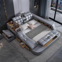 Lit intelligent de luxe moderne multifonctionnel en cuir taille King avec commode de rangement et fonction de massage du repose-tête, cadre en bois