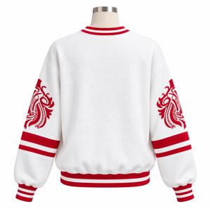 Sudadera Blanca con Cuello Redondo de la Hermandad DST, Bordado de Letras Rojas, Hombros Caídos, Sudadera de Felpa Personalizada - Product Image 3