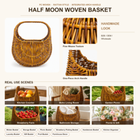 Panier demi-lune de style pastoral avec poignée en arche, tressé en PC, écologique et flexible pour l'arrangement floral, la décoration intérieure et la présentation, personnalisable