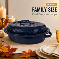 Plat à rôtir ovale en émail bleu pour dinde, avec couvercle, en acier moucheté, résistant au four, idéal pour Thanksgiving, commandes en gros