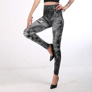 Jeggings clásicos para <span class=keywords><strong>mujer</strong></span> con estampado de cintura alta Jeans rasgados Leggings elásticos cómodos sin costuras - Product Image 3