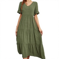 Robe longue d'été unie pour femme, élégante, respirante, taille haute, décontractée, à manches courtes et col en V, idéale pour les vacances