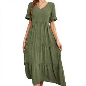Vestido Midi Verde con Cuello en V, Manga Corta, Diseño en Capas, Holgado, Informal, de Verano, Tejido de Algodón y Fibra de Bambú, Transpirable, con Volantes en las Mangas, Color Sólido - Product Image 2
