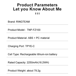 Batería de Cámara de Iones de Litio NP-FZ100 de 2250 mAh, Tipo C, Totalmente Decodificada, para Cámaras <span class=keywords><strong>Sony</strong></span> A7M3, A7M4, A7R3, A7R4, A9, <span class=keywords><strong>A7C</strong></span>, A6600, <span class=keywords><strong>Alpha</strong></span> 9, A7R3, A6600 - Product Image 5