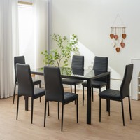 Ensemble de salle à manger moderne en verre trempé noir, table durable avec 6 chaises rembourrées en PU confortables, vente en gros