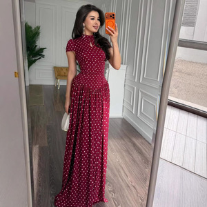 Summer Elegant Women's Polka <strong>Dot</strong> Spliced Short Puff Sleeve Stand Collar Hollow-out Slim Fit High Waist Pleated A-<strong>line</strong> <strong>Maxi</strong> <strong>Dress</strong> - Product Image 4