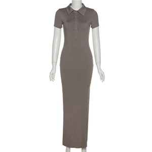 High Quality Turn-down Collar Bodycon <strong>Dress</strong> Button Short Sleeve <strong>Custom</strong> Ribbed Knitted Casual <strong>Dresses</strong> With High Slit - Product Image 4
