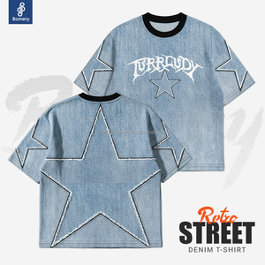 Người Đàn Ông Của 2026 Mới Đến Ban Đầu Thư Thêu Sao <span class=keywords><strong>Cutout</strong></span> Tee Thời Trang Phố Denim Giản Dị Hàng Đầu - Product Image 1