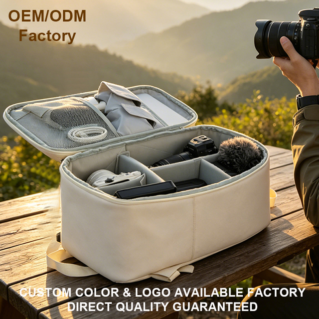 Durable Camera Backpack Cream Padded Camera Insert Compartment DSLR Mirrorless Lens Bag with Side Slip Pocket