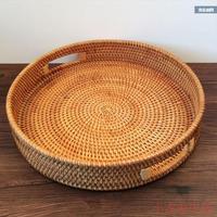 Snack en rotin pour Table basse, panier de service décoratif tissé à la main, avec poignées découpées, plateau de service rond en rotin