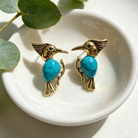 Boucles d'oreilles clous hypoallergéniques pour femmes, style occidental, motif oiseau hibou-briseur doré et turquoise, accessoires animaliers