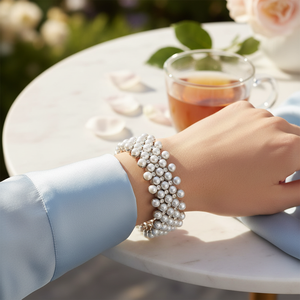 Bracciale elasticizzato con perline di colore bianco rodiato Trendy braccialetti al quarzo in acciaio inossidabile - Product Image 3