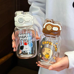 Apple Puppy Glass <b>Water</b> <b>Bottle</b> 500Ml <b>With</b> <b>Straw</b> Cartoon Design For Kids Travel Use - Product Image 1