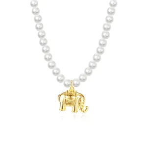 Birthday Jewelry Gift Women White Pearl Jewelry Brass Gold Elephant Pendant Pearl Necklace