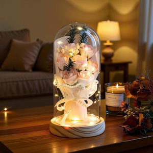Lampe à sangle en forme de rose, fleur éternelle lumineuse, bouquet de savon parfumé sous cloche en verre, ornement pour la fête des Mères et la Saint-Valentin - Product Image 5