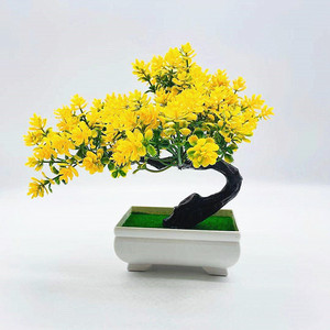 Arbre Bonsaï Artificiel Qi Xing avec Fleurs Jaunes, Pot Carré en Plastique, Décoration de Bureau, 20 cm de Haut - Product Image 1