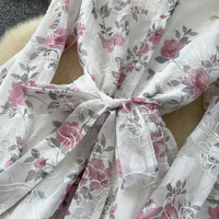 Robe longue élégante décontractée de style français pour femme, manches lanternes, ceinture à nouer, boutons simples, dentelle