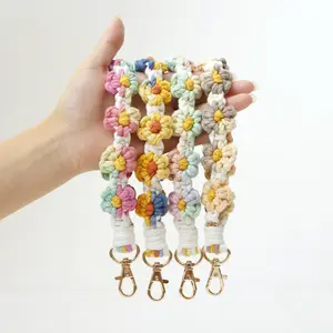 Handmade Boho Ins Handmade Crochet Daisy Flower Macrame Woven Wrist Strap Keychain Bracelets Short Lanyard For Women