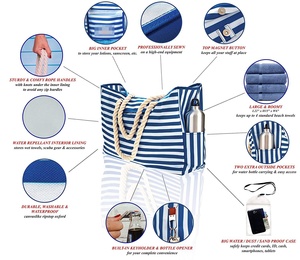 Femmes 100% coton bleu rayé <span class=keywords><strong>XXL</strong></span> imperméable plage fourre-tout sac à provisions haut aimant fermoir bandoulière corde poignées pour voyage - Product Image 3