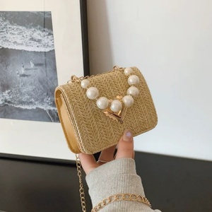 Summer Luxury Women's Crossbody Bags Woven Pearl Handle Designer <b>Square</b> Box Chain Purse Metal Lock Beach Party Mini Clutch - Product Image 2