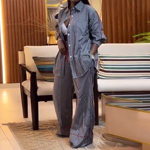 Conjunto Casual de 2 Piezas para Mujer: Camisa Holgada a Rayas con Solapa y Pantalones de Pierna Ancha a la Moda - Product Image 1