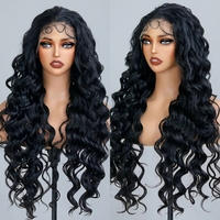 Perruque Longue Synthétique X-TRESS Ondulée Pré-Épilée 32 Pouces Noire Ondulée HD, Densité 180%, Perruques Frontales en Dentelle 13x6
