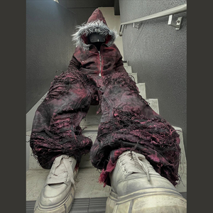 DiZNEW taglie forti <span class=keywords><strong>Jeans</strong></span> da uomo stile personalizzato pantaloni larghi di buona qualità consumati rosso e nero <span class=keywords><strong>Jeans</strong></span> Acid Wash per gli uomini - Product Image 4