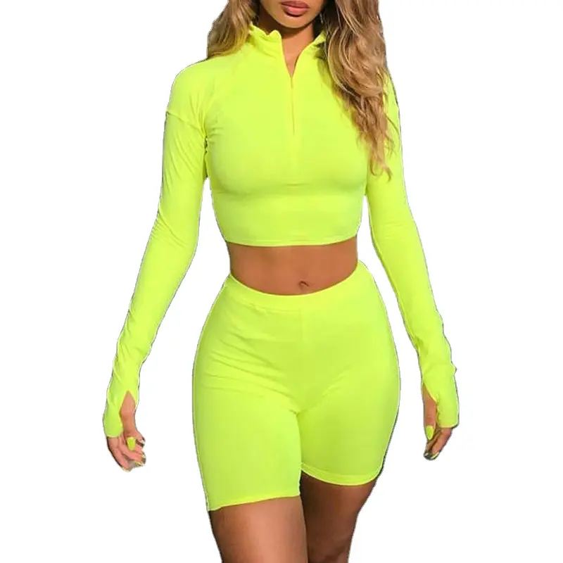 Max garment Fluor zierende grüne Top Mädchen Trainings anzug Set sexy Bodycon Baumwolle Trainings anzüge für Frauen Sport Casual Crop Hoodie