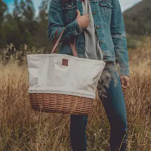 Bolso de mano de mimbre combinado de lona reutilizable de primera calidad, bolsa de compras, cesta de mimbre plegable para Picnic con 2 o 4 personas