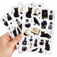 Feuille d'autocollants décoratifs en vinyle prédécoupés pour journal, scrapbook, style Witchcore, anime, manga, chat noir, pour agenda, cadeau