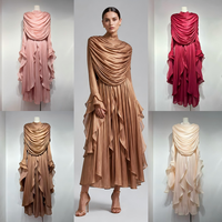Robe de soirée plissée en cuivre métallisé pour femme, col bénitier, manches à volants, col montant, manches longues, robe longue modeste, vente en gros, nouveauté