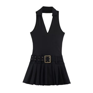 Vestido Mini de Fibra de Celulosa Regenerada, Color Sólido, Ajustado, Sexy, con Cuello Halter, Espalda Descubierta, Escote en V Profundo, Plisado, Silueta en A - Product Image 2