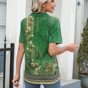 Blusa de punto estampada de manga corta para mujer, con cuello en V plisado, tops de verano, moda casual de negocios para el trabajo - Product Image 5