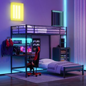 <span class=keywords><strong>Lit</strong></span> superposé moderne pour écoliers, taille double, <span class=keywords><strong>avec</strong></span> <span class=keywords><strong>bureau</strong></span>, station de charge, étagères et tiroirs de rangement <span class=keywords><strong>en</strong></span> métal <span class=keywords><strong>en</strong></span> forme de L, ODM/OEM - Product Image 1