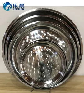 Stainless Steel Plate Tray Round Food Fruit Plate Flower Pattern Serving Metal Plate Dish 80cm