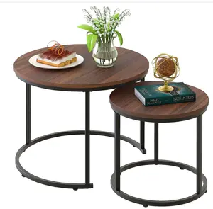 Yuvarlak sehpalar, 2 yan masa çıkarılabilir seti, Metal çerçeve ayakları ve ahşap vurgu üst ile Modern yuvalama masası