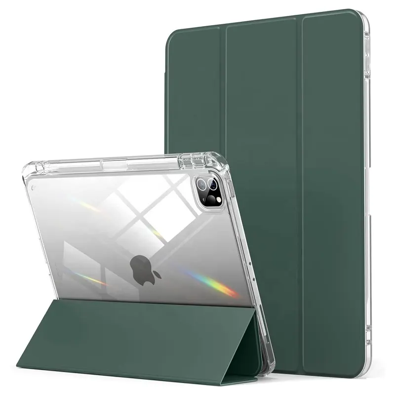 Étui pour tablette antichoc en cuir PU Smart Cover Clear Back Shell pour iPad Pro 11 pouces 2024 avec porte-crayon