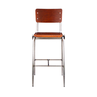 Tabouret de bar industriel vintage, structure en métal argenté, assise et dossier en contreplaqué courbé, repose-pieds avec revêtement en poudre transparent, vente en gros de tabourets de bar