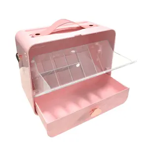 Caja de almacenamiento de cosméticos multifunción portátil, organizador de maquillaje de pared de escritorio de gran capacidad con mango, transparente, gran oferta
